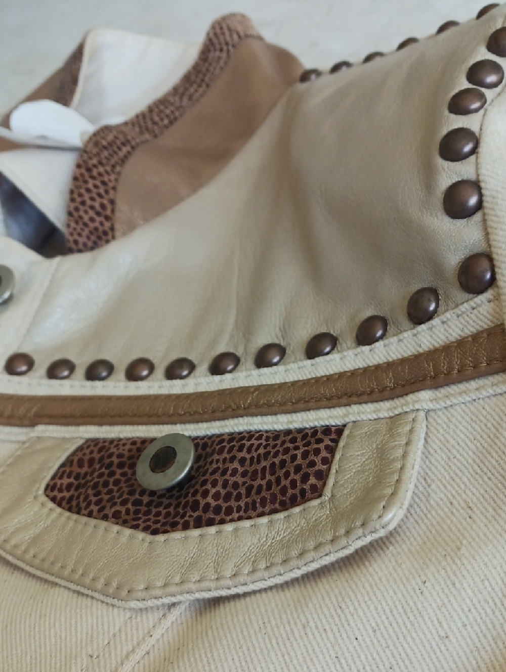 Vintage "Cache" Leather & Cream Cotton Denim Jacket, Metal Studs Detail "NEW" - Picture 15 of 15